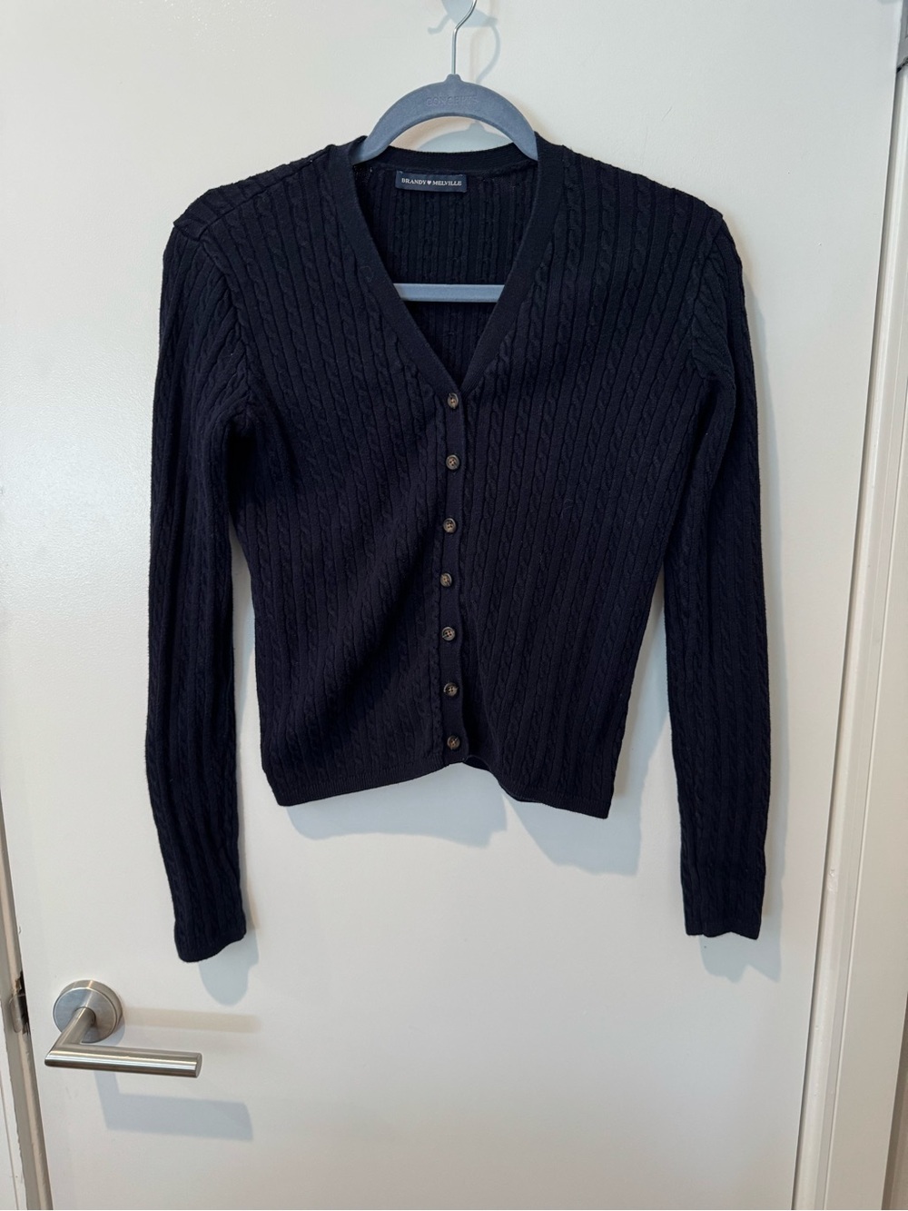 Brandy Melville Navy Blue Cable-Knit V-Neck Cardigan One Size